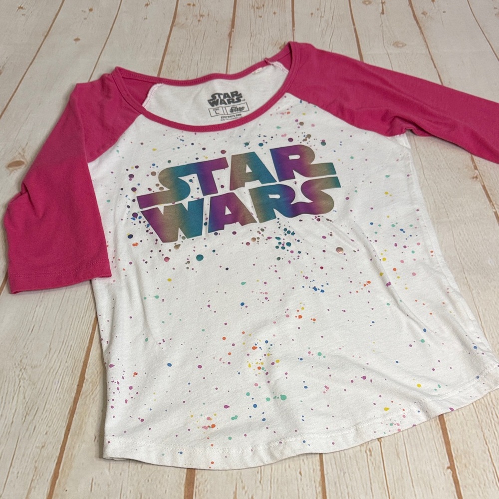 Star Wars Metallic Rainbow Logo Kids 3/4 Sleeve Raglan Tee - Pink and White